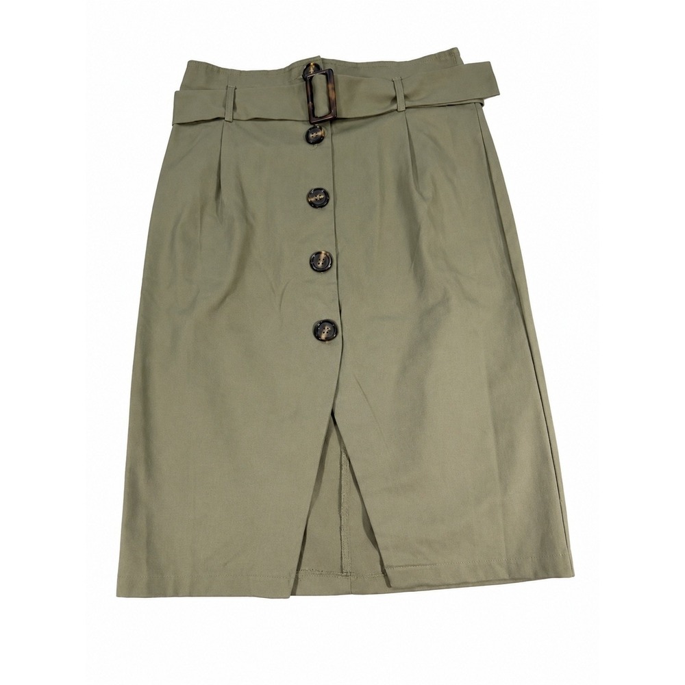 Kirious Olive Green Belted Button Front Cotton Skirt Women Medium Utility Office